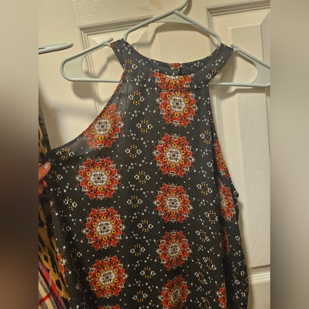 Black Sleeveless Halter Top with Red Mandala Pattern